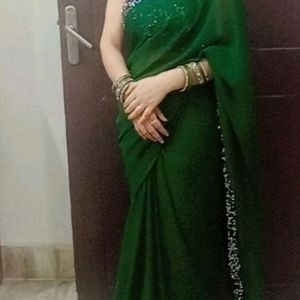 Rama Green Saree With Stiched Sequence Blouse