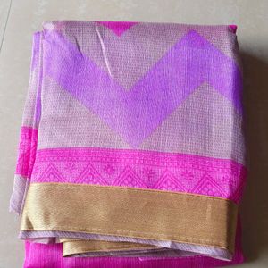 Magenta Tissue Saree with Silver Zari Border