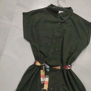 Olive Green Shirt Type Dress With A Belt