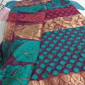 New Purple Saree Gold Border With Work