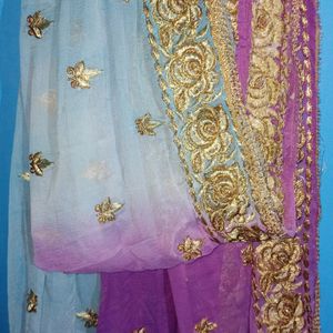 Purple And Blue Dupatta With Golden Colour design