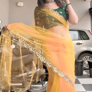 Designer Yellow Net Sari With Blause