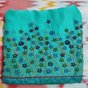 Flower Embroidery Green Saree