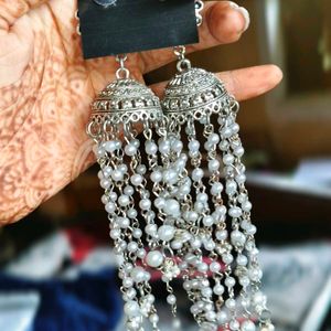 Long Statement White Pearl Earrings