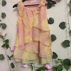 Sleeveless Peach And Yellow Wrap Top