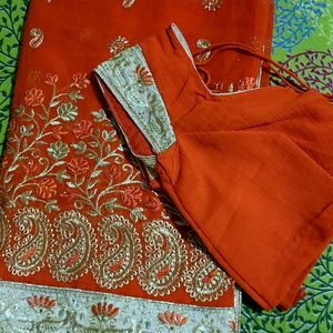 Gorgeous Orange Embroidered Saree With Blouse