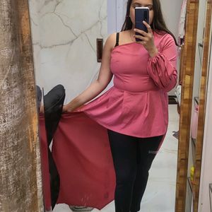 High Low Pink Off Shoulder Top With BalloonSleeve