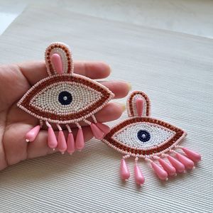 Beaded Pink Evil Eye Dangler Earrings