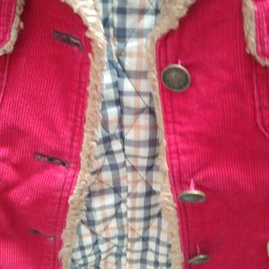 RED CORDUROY JACKET WITH FAUX FUR