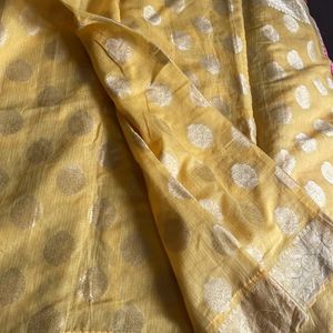 Kota Silk Yellow Saree With Pink Blouse