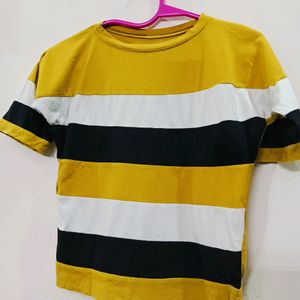 Casual Yellow And Black Strip|Round Neck Crop Top|