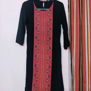 Melange Black Kurti With Printed Vertical Piece