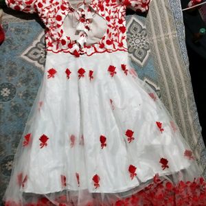 Red And White Anarkali Gown Deep Neck