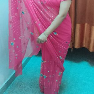 Chiffon Rose Pick Saree With Stitched Blouse