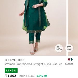 Berrylicious Green Embroidered Kurta Set Size XL