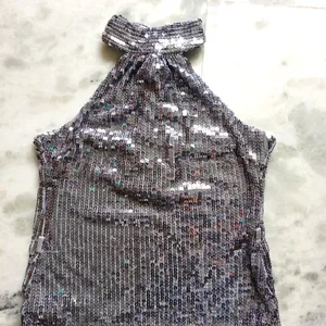 Silver Sequinned Halter Top For Women's