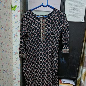 Black Pure Cotton Floral Kurta