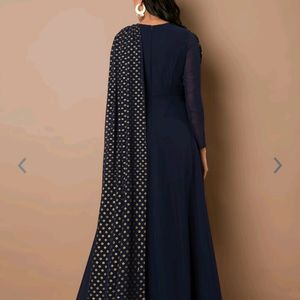 Navy Blue Floor Length Gown With Attached Dupatta