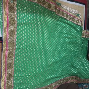 Parrot Green With Pink Embroidery Saree