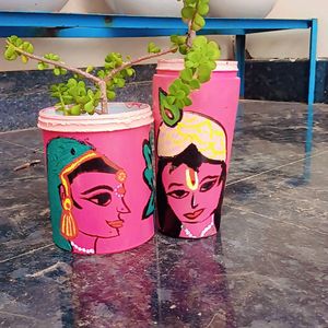 Set Of Radha Krishna Pots With Healty Lucky Plant
