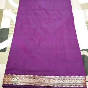 Dark Plum Plain Saree With Striped Pallu