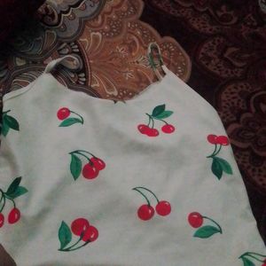 White Strip Top With Cherry Print