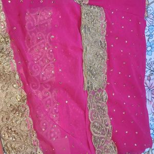 Pink Saree With Golden Bolder And Goldeen Dots