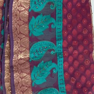 New Purple Saree Gold Border With Work