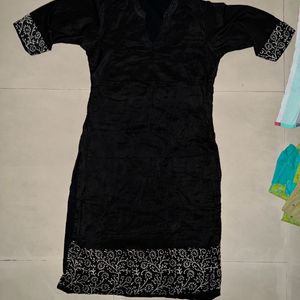 Stand Collar Black Kurti With White Print