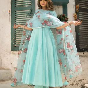 Turquoise Ethnic Gown With Organza Duptta