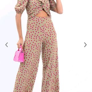 Beige Jumpsuit With Pink Podka Dots.