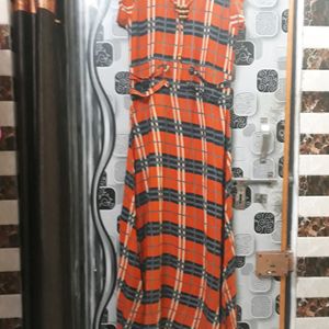 Orange Blue Check Shirt Typ Long  Frock