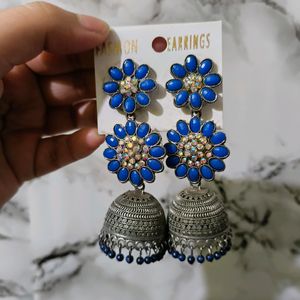 Women Fashion Earrings Blue Stones Oxidised Silver