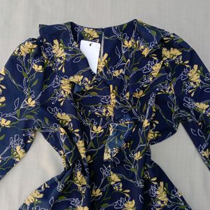 New Korean Ruffled Neck Navy Blue Blouse