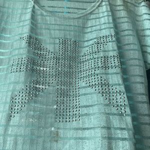 Rhinestones Stone Stutted Light Blue Sheer Top