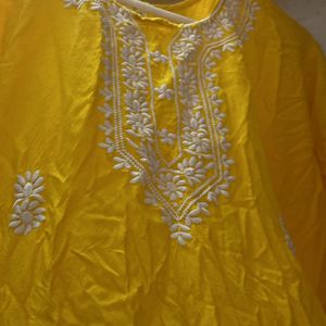 BeautifulWhite Embroidery Yellow Knee Length Kurti