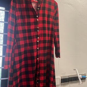 Red& Black Check Cuffed Sleeve Knee Length Shirt