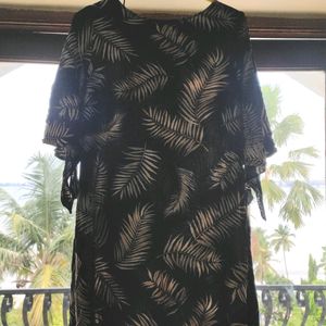 Shift Dress With Tropical Print And Tie Up Sleeves