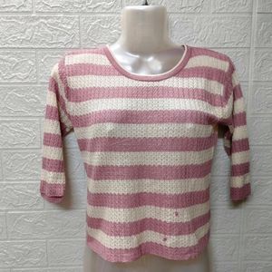 Pink And White Striped Woolen Top