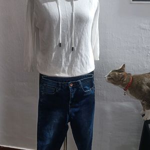 Combo Of Jeans And Cotton Hoody White Top