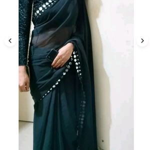 Black Mirror Embroidery Saree With Silver Blouse