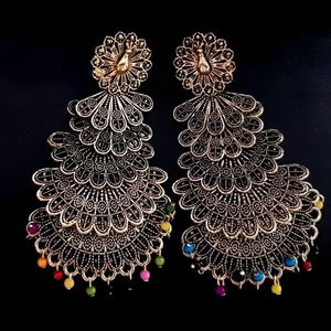 Gold Oxidised Peacock Design Earring pair