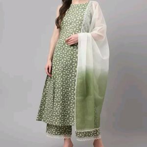 Women Kurta Set With Pant And Organza Dupatta