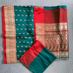 Red And Dark Green Saree With Blouse Piece