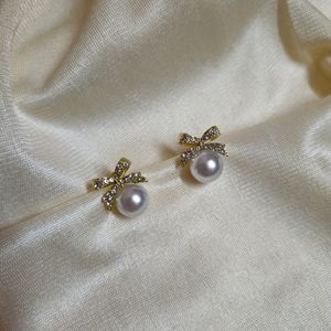 Korean Studded Bow With pearl Drop earrings