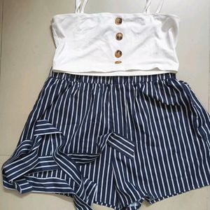 Co-ord Set Of White Top And Striped Shorts