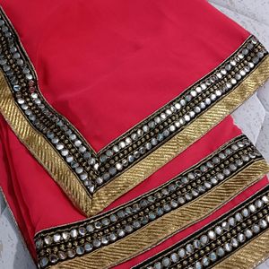 Red And Gold Toned Sequence Embroidered Saree