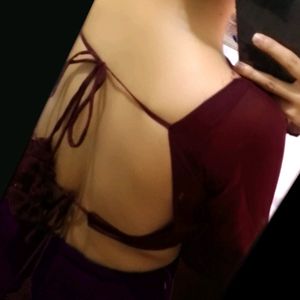 Wine Colour Sweetheart Neck Backless Blouse