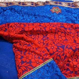 Designer Blue Red Saree (Women)