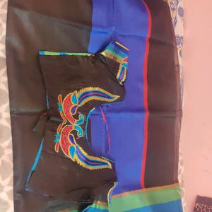 Black Saree - Seal Blue Border & Embry Blouse